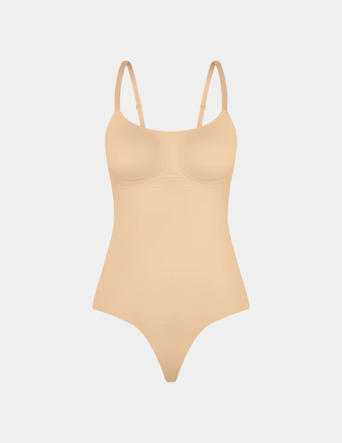 Customizable Shaper Thong Bodysuit shown front-facing against a light gray background – Warm Sand – view 6 of 15