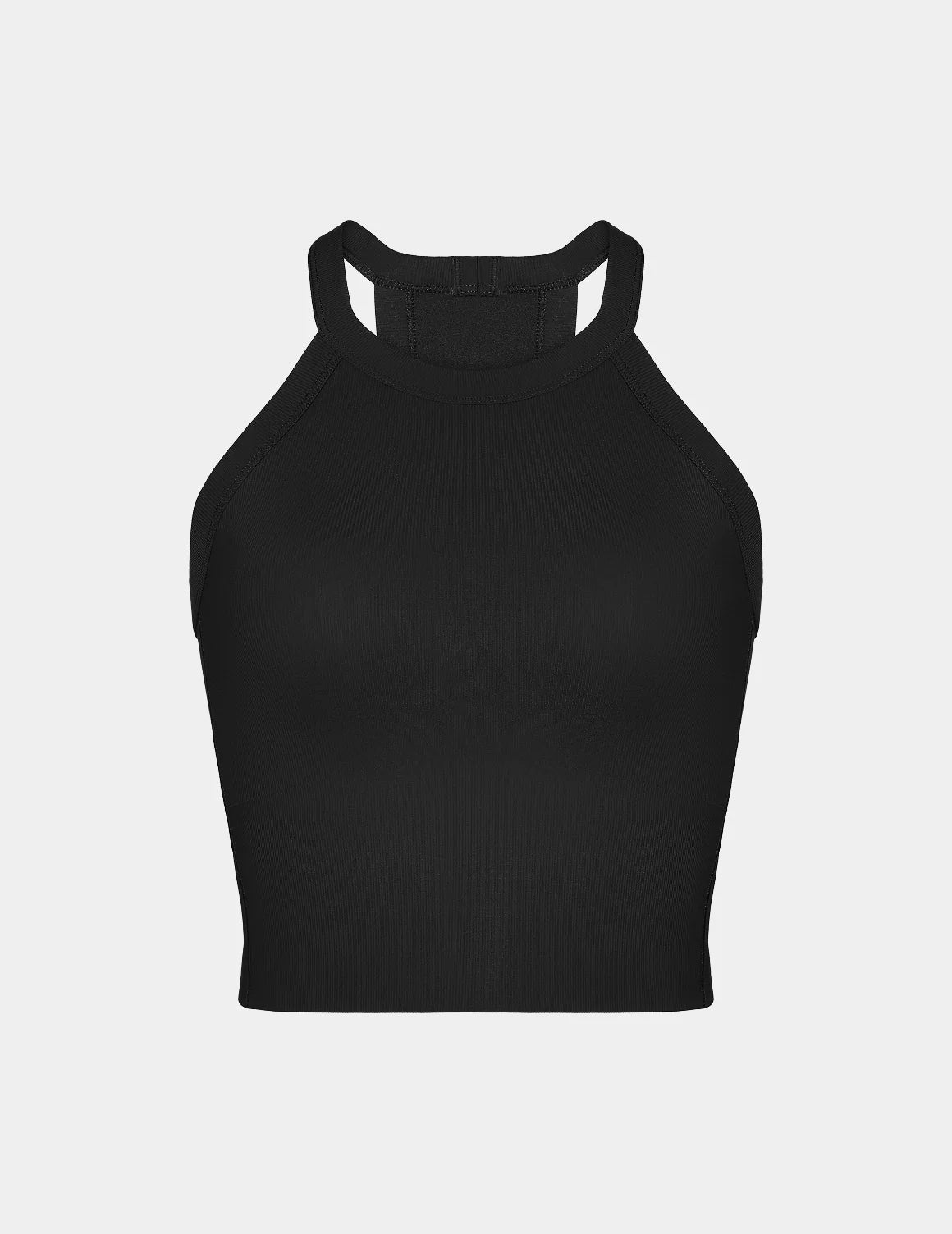 View of Studio Ribbed Bra Top shown front-facing against a light gray background – Black – view 2 of 19