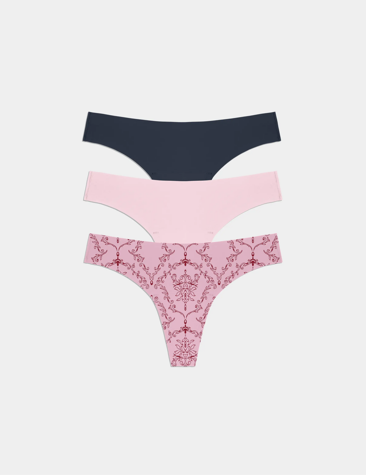 Light Leakproof No-Show Thong 3-Pack – Twilight Navy/Damask/Pink Party – view 1 of 10
