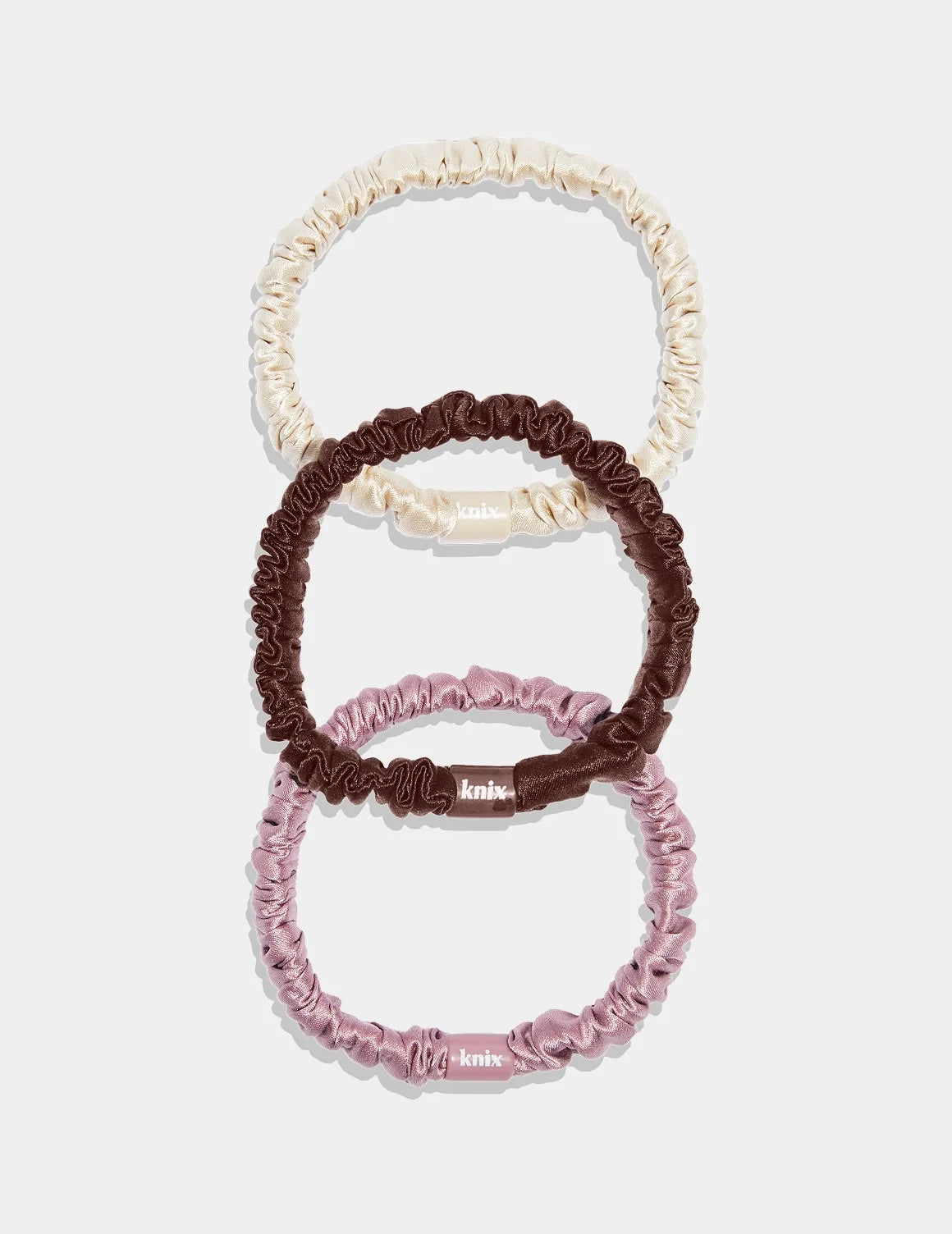 Silk Mini Scrunchies 3-Pack shown front-facing against a light gray background – Ivory/Espresso/Rose Pink – view 1 of 2