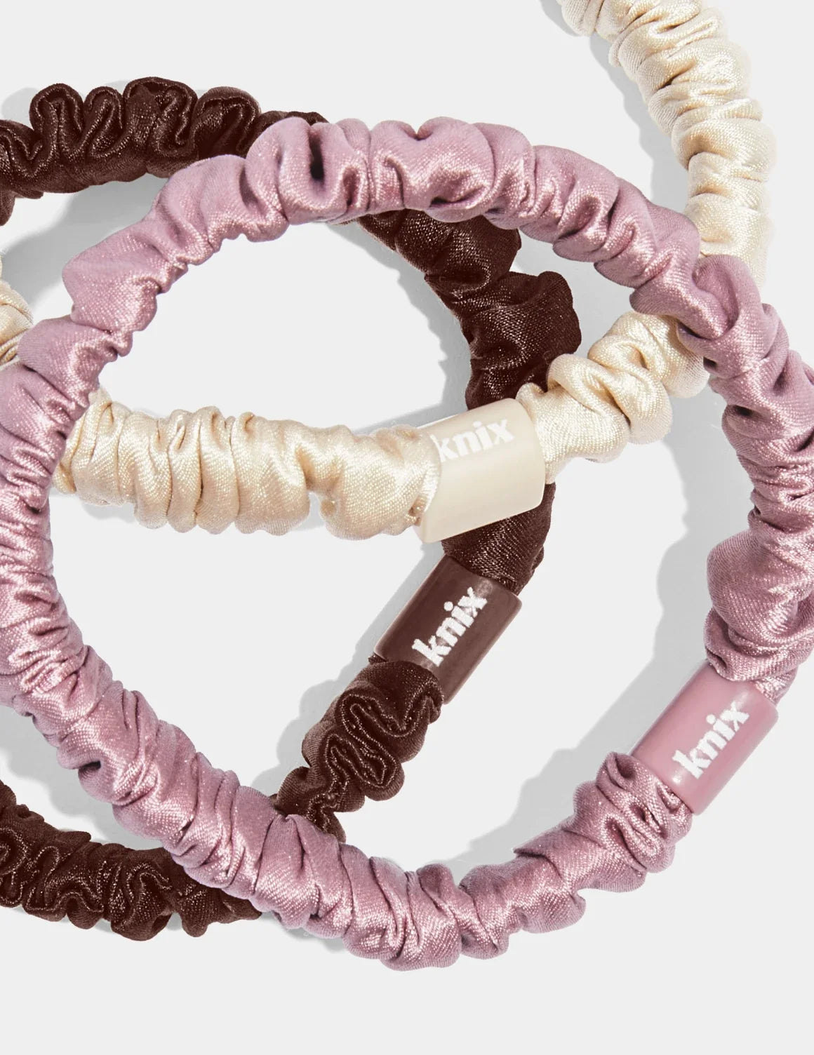 Silk Mini Scrunchies 3-Pack shown front-facing against a light gray background – Ivory/Espresso/Rose Pink – view 2 of 2