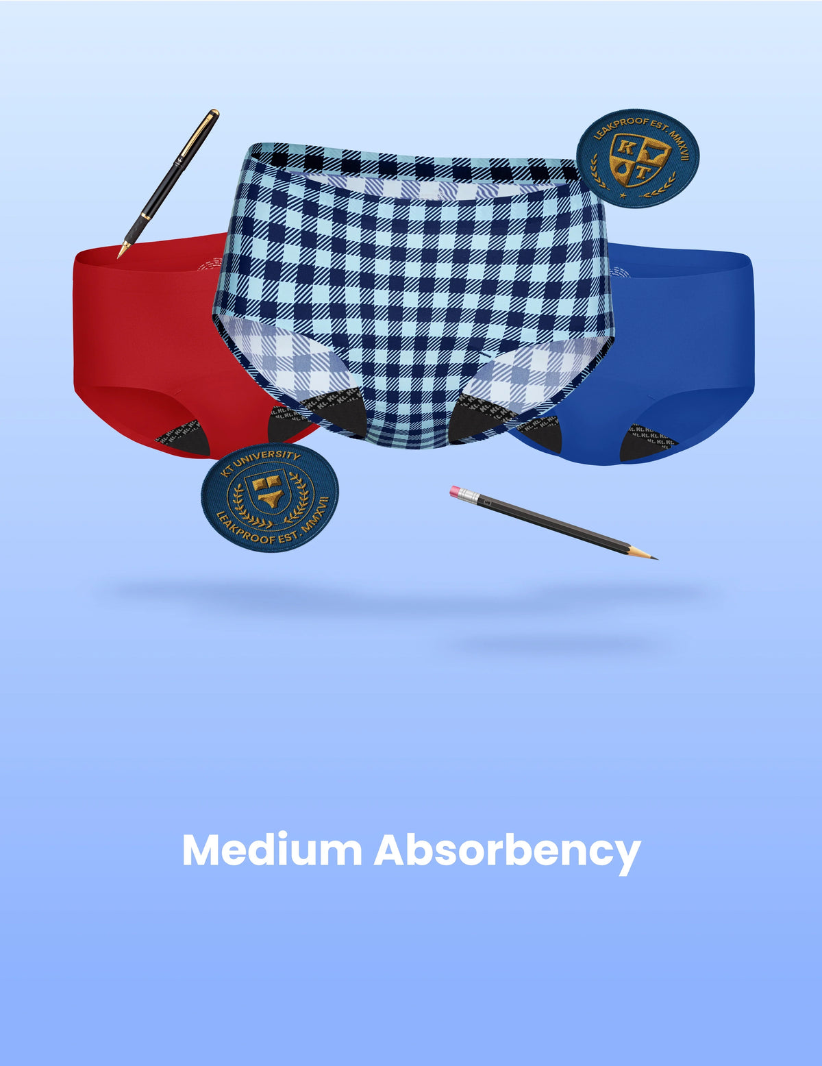 Teen Leakproof UltraThin No-Show Boyshort 3-pack shown front-facing against a light blue background – Gumdrop/Blueberry/Blue Gingham – view 9 of 65
