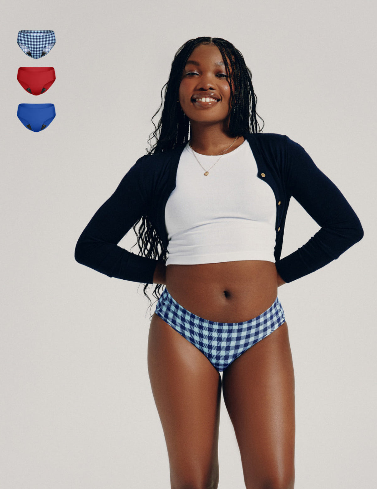 Front view of model wearing the Teen Leakproof UltraThin No-Show Bikini highlighting the coverage and smooth fit – Gumdrop/Blueberry/Blue Gingham – view 1 of 70