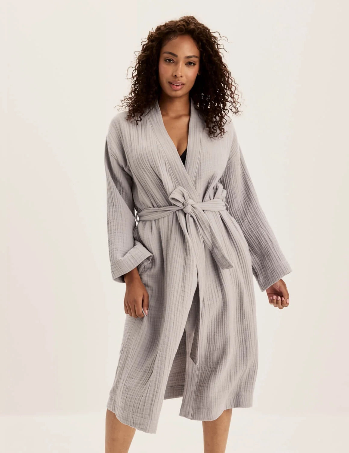 Front view of model wearing the Cotton Breeze Robe highlighting the coverage and fit – Dove Grey – view 1 of 12