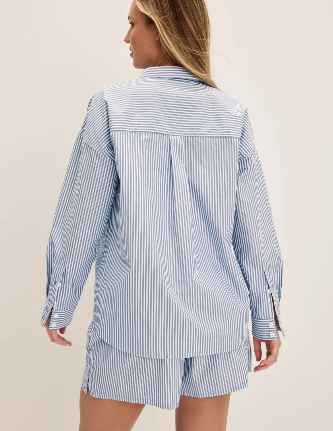 Back view of model wearing the Classic Cotton PJ Set highlighting the coverage and fit – Blue Stripe – view 4 of 17