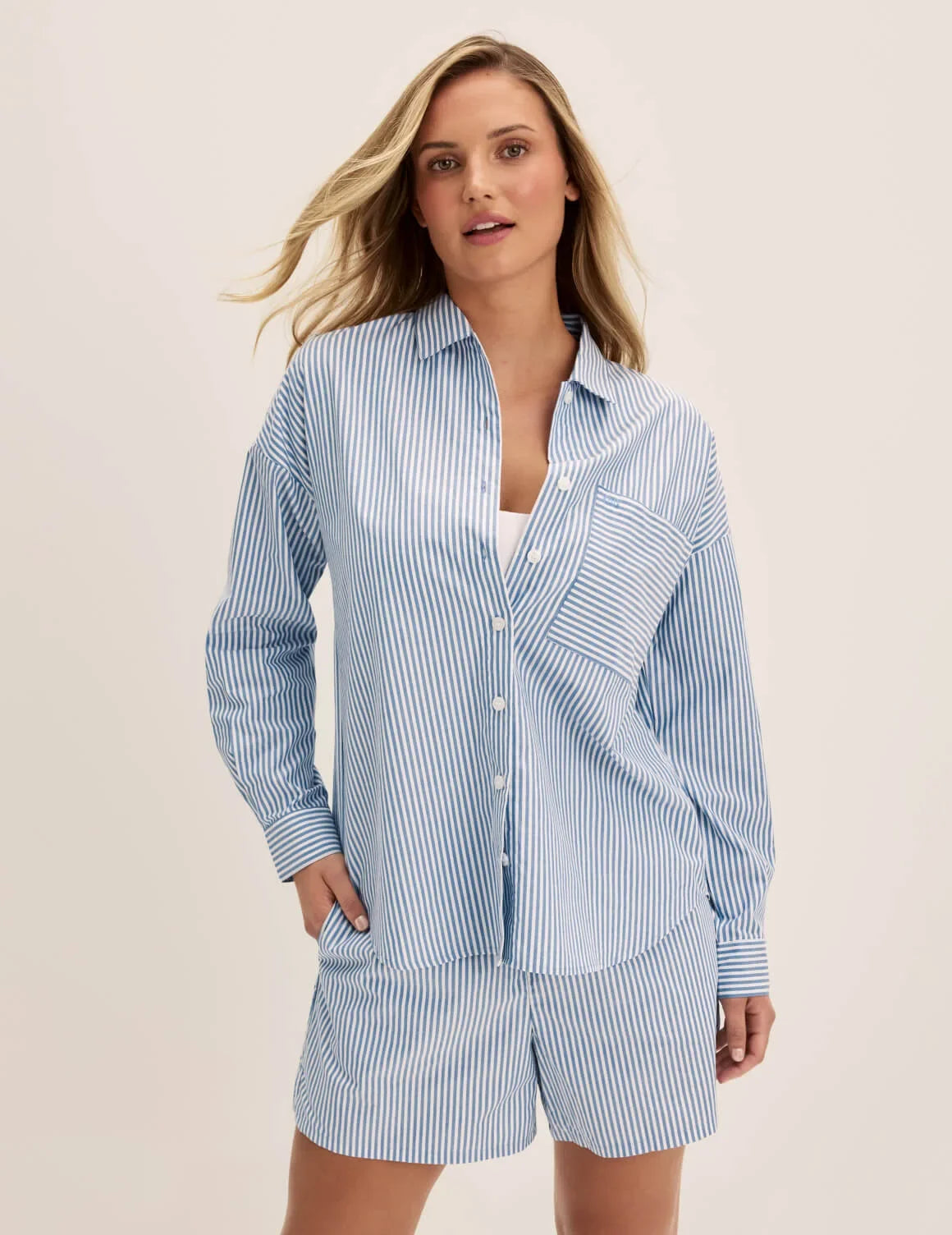 Front view of model wearing the Classic Cotton PJ Set highlighting the coverage and fit – Blue Stripe – view 7 of 17
