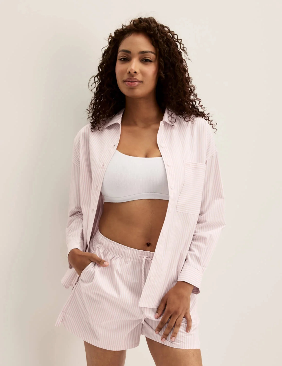 Front view of model wearing the Classic Cotton PJ Set highlighting the coverage and fit – Hush Stripe – view 8 of 17