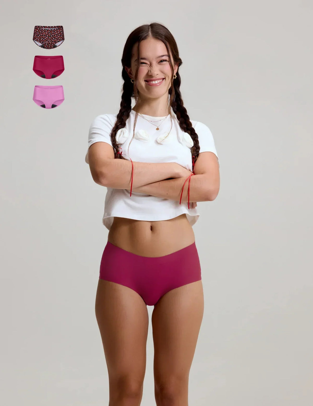 Front view of model wearing the Teen Leakproof UltraThin No-Show Boyshort highlighting the coverage and smooth fit – Ruby/Sugar Plum/Posy – view 6 of 65
