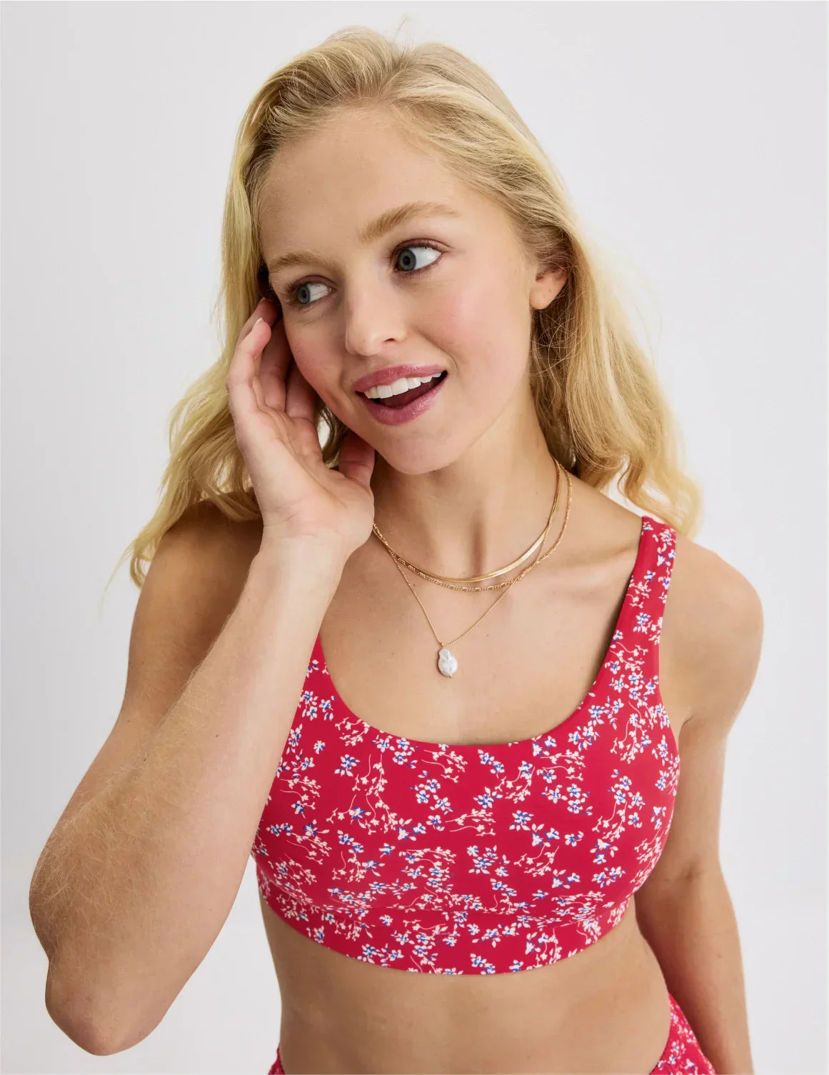 Front view of model wearing the Teen Double Scoop Bikini Top highlighting the neckline, strap design, and silhouette – Poppy Petal – view 3 of 62