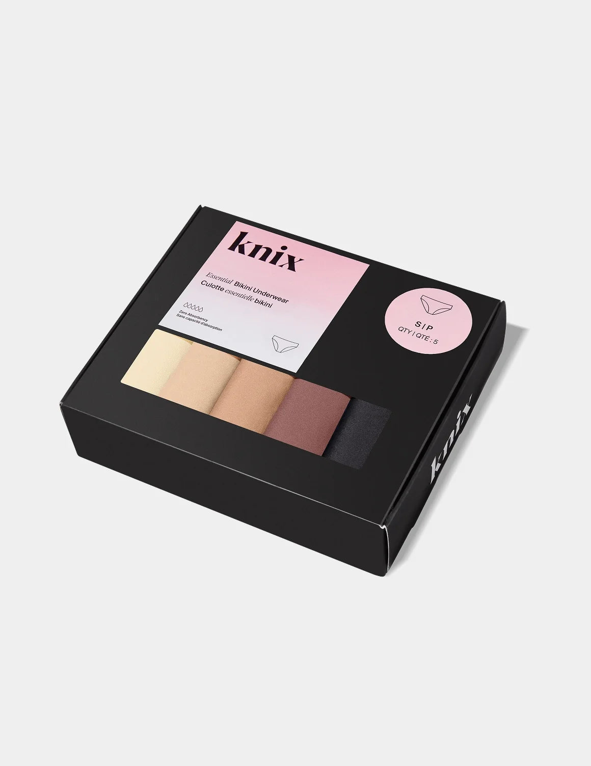 Essential No-Show Bikini 5-Pack in a closed box shown front-facing against a light gray background – Nude Multi – view 12 of 18