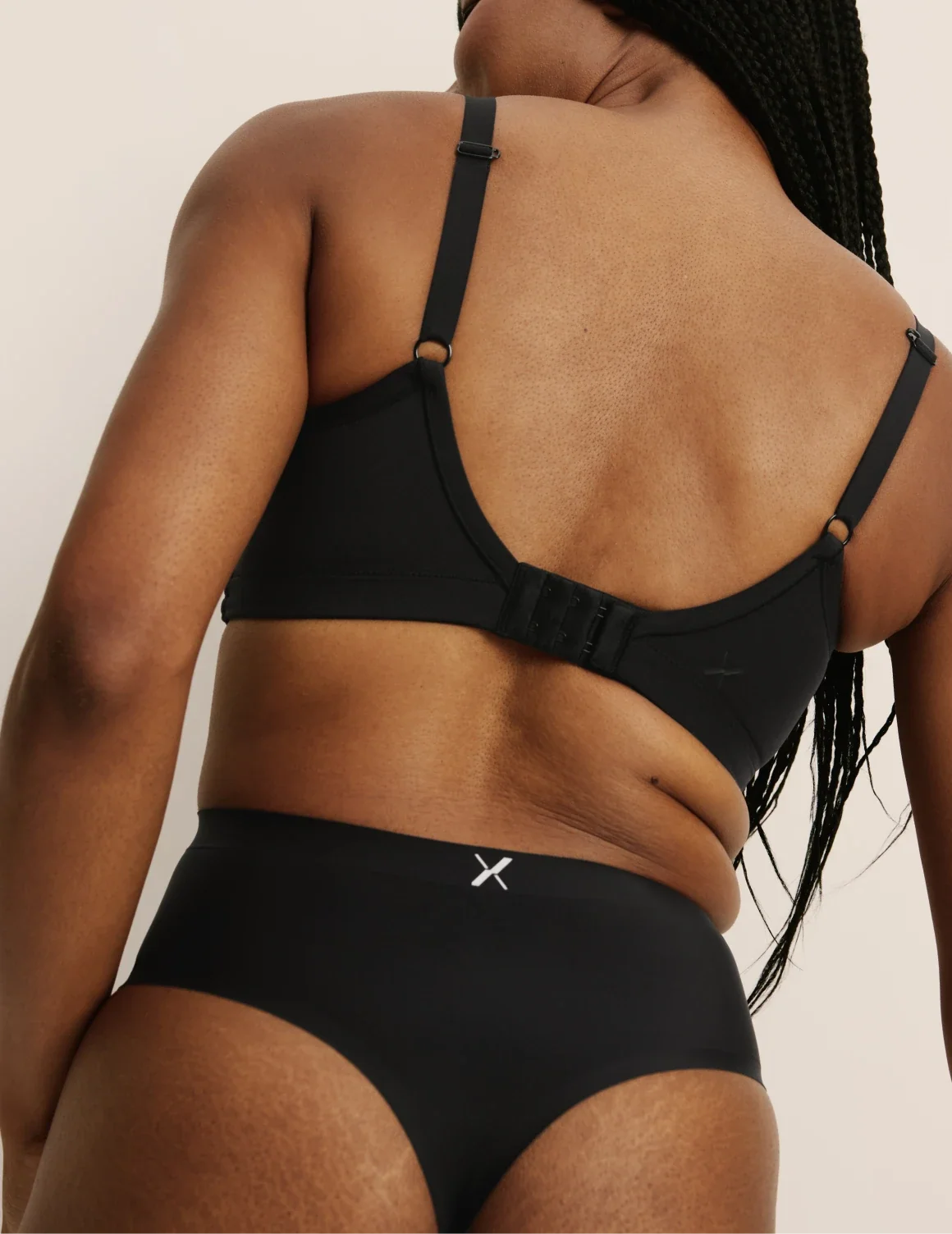 Back view of model wearing the Essential No-Show High Rise Thong highlighting the coverage and smooth fit – BlueBlack – view 3 of 8