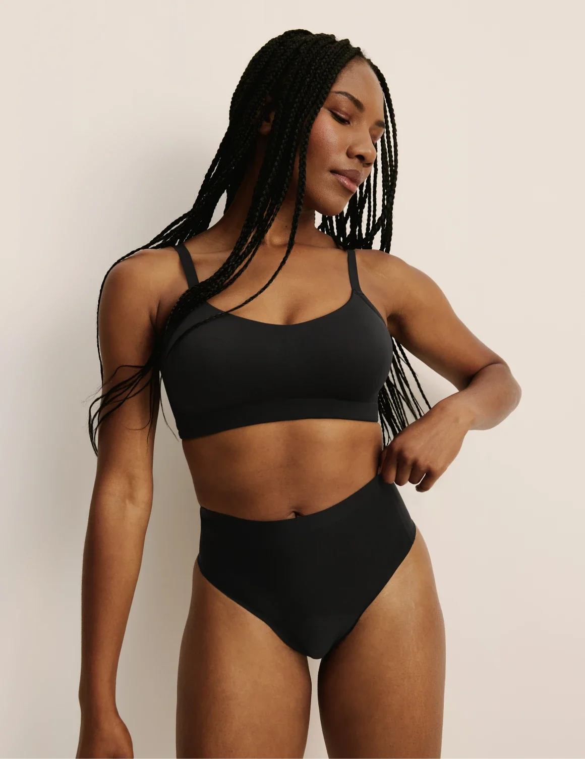 Full-body view of model wearing the Essential No-Show High Rise Thong highlighting the coverage and smooth fit – BlueBlack – view 4 of 8