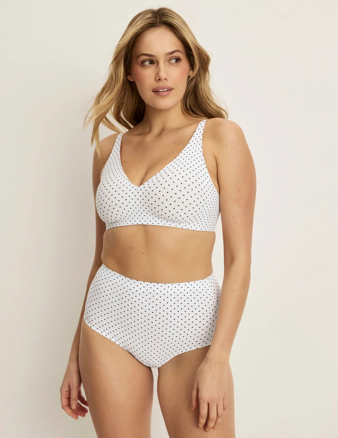 Full-body view of model wearing the Essential No-Show High Rise highlighting the coverage and smooth fit – White with Black Polka Dot – view 8 of 32
