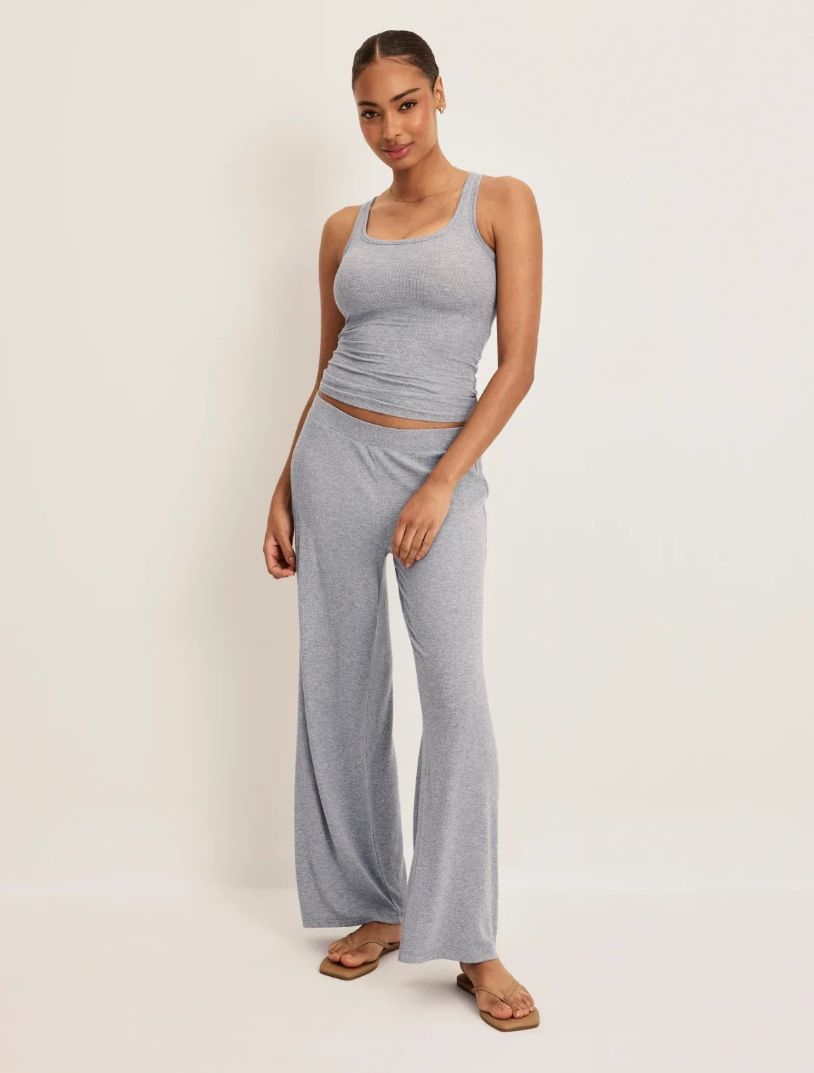 Front view of model wearing the Modal Rib Pant highlighting the coverage and fit – Heathered Grey – view 5 of 13