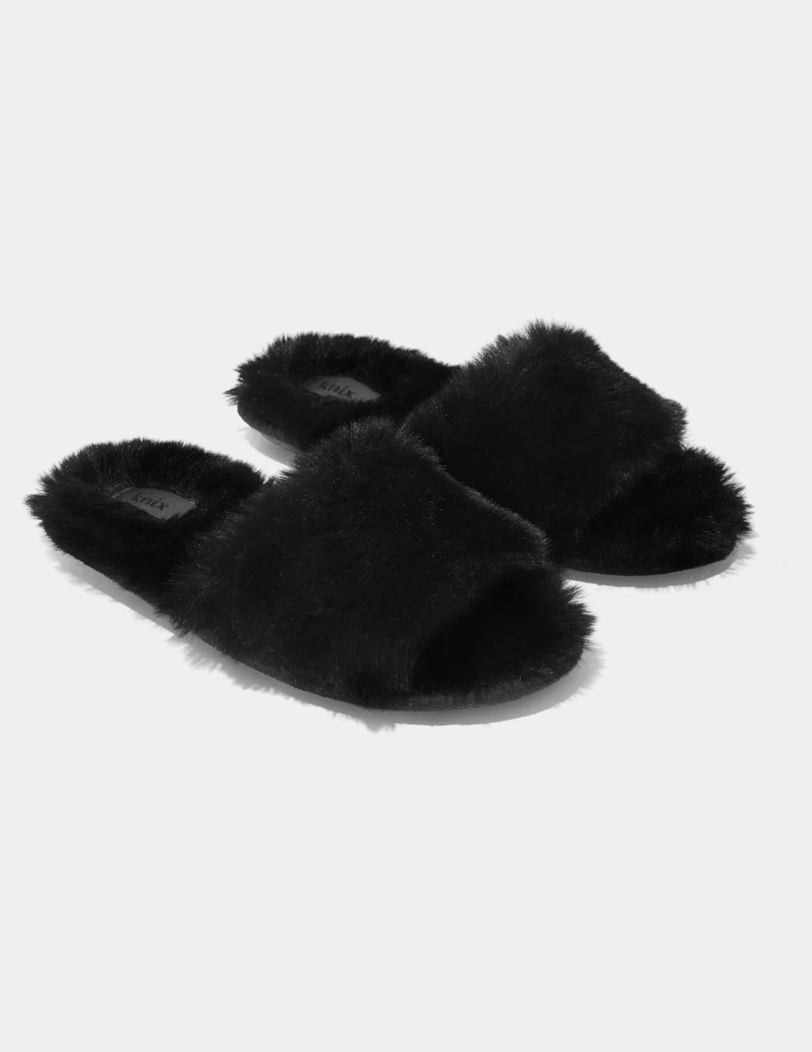 Pair of Fuzzy Slippers shown front-facing against a light gray background – Black – view 1 of 4