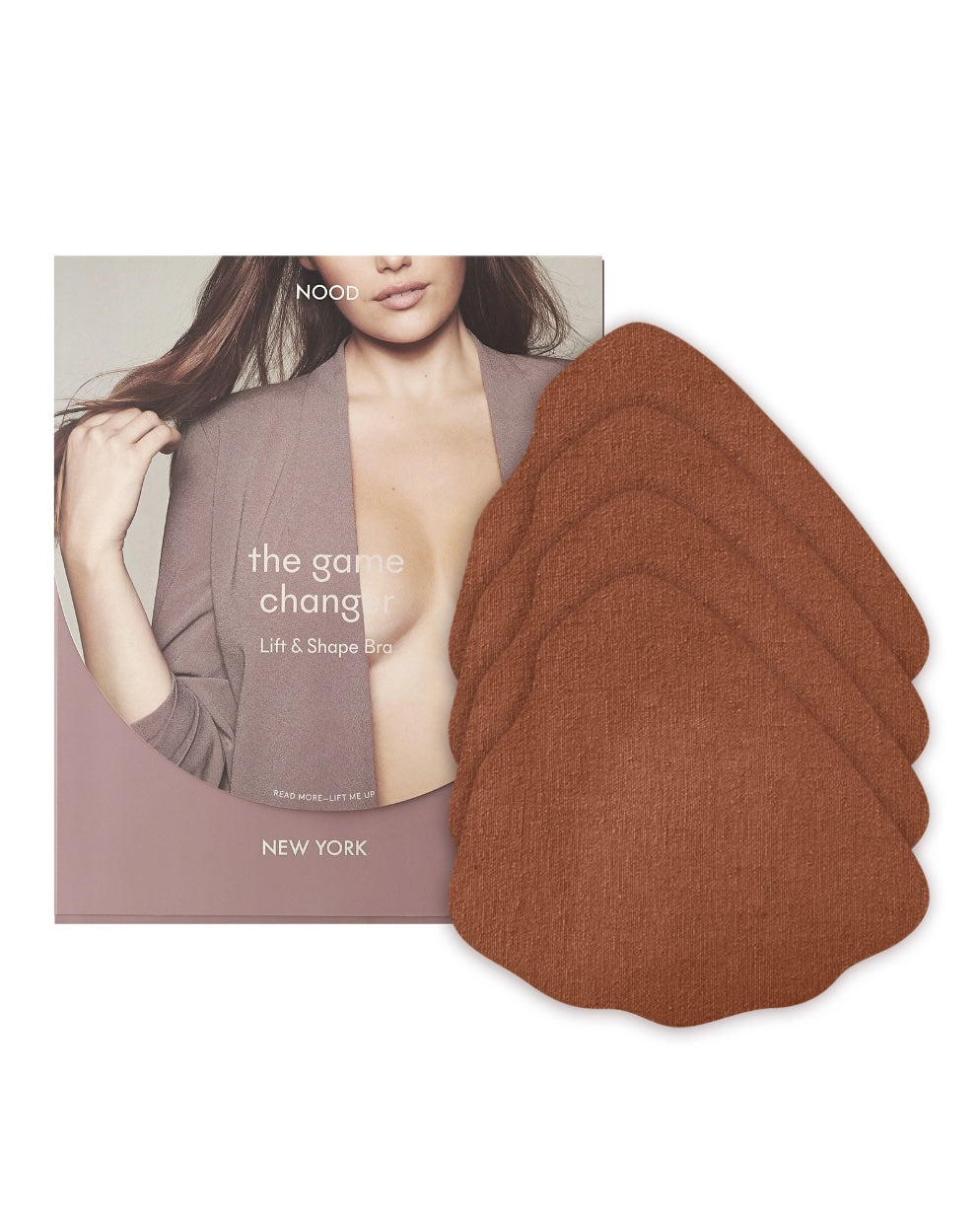 Game Changer Lift and Shape Adhesive Bra packaging shown front-facing against a light gray background – No. 7 Bronze – view 4 of 15