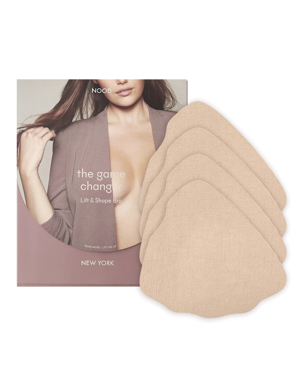 Game Changer Lift and Shape Adhesive Bra packaging shown front-facing against a light gray background – No. 3 Buff – view 5 of 15