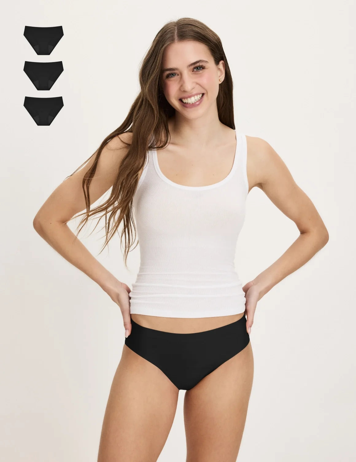 Front view of model wearing the Teen Super Leakproof® No-Show Bikini highlighting the coverage and smooth fit – Black – view 1 of 29