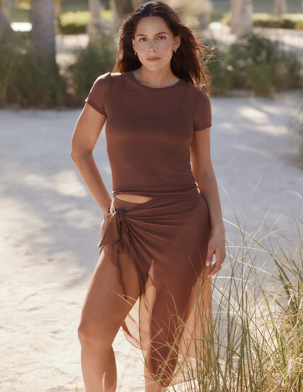 Front view of model wearing the Mesh Sarong highlighting the coverage and fit – Espresso – view 6 of 9