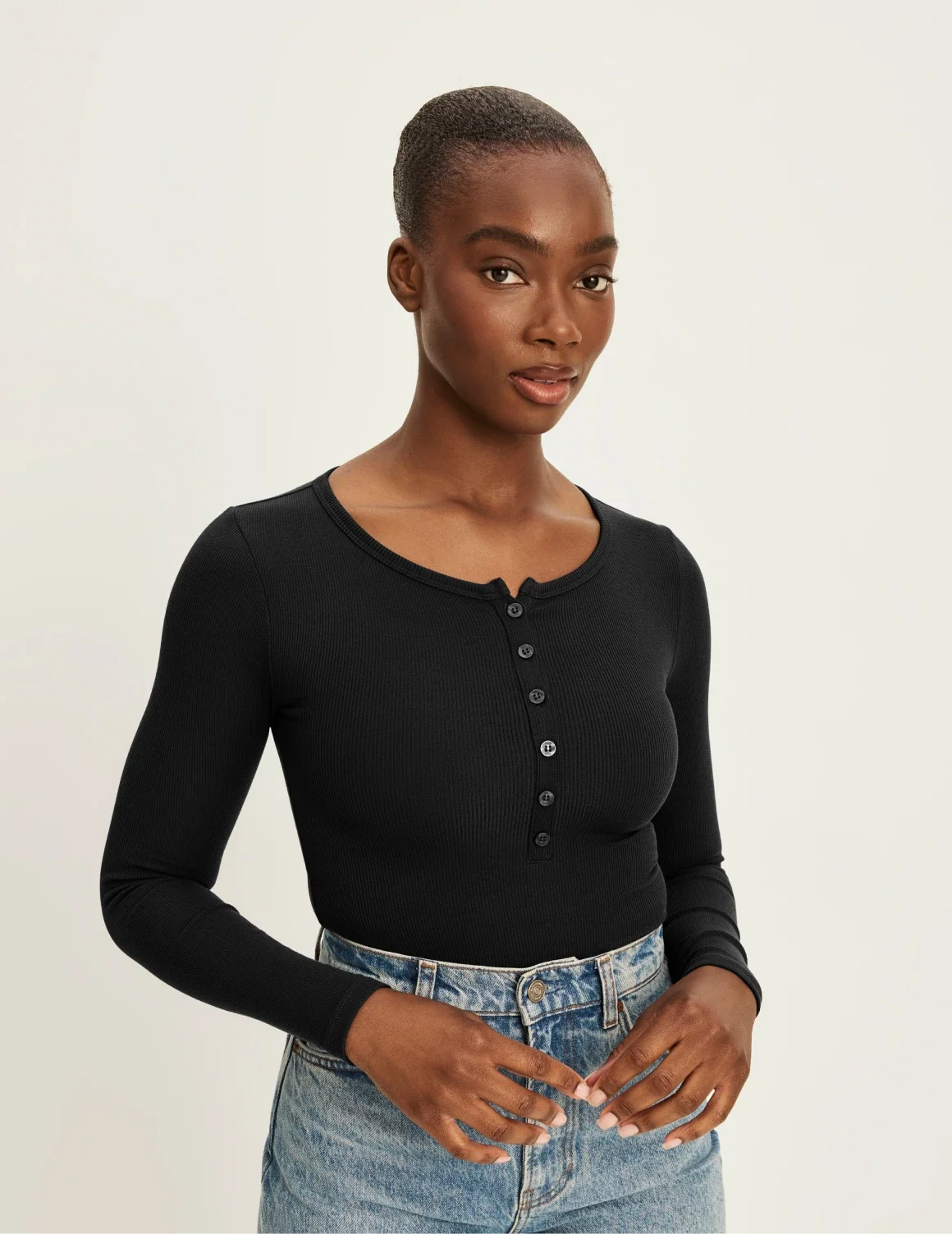 SculptRib™ Cotton Long Sleeve Henley Top – Black – view 4 of 10