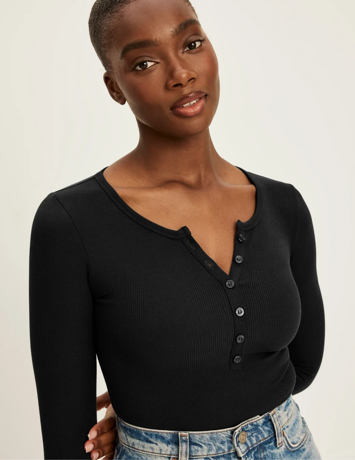 SculptRib™ Cotton Long Sleeve Henley Top – Black – view 1 of 10