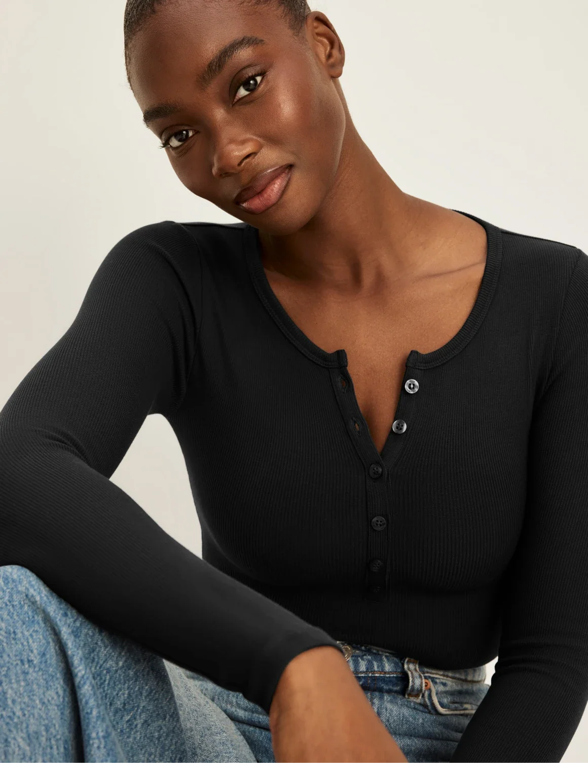 SculptRib™ Cotton Long Sleeve Henley Top – Black – view 5 of 10