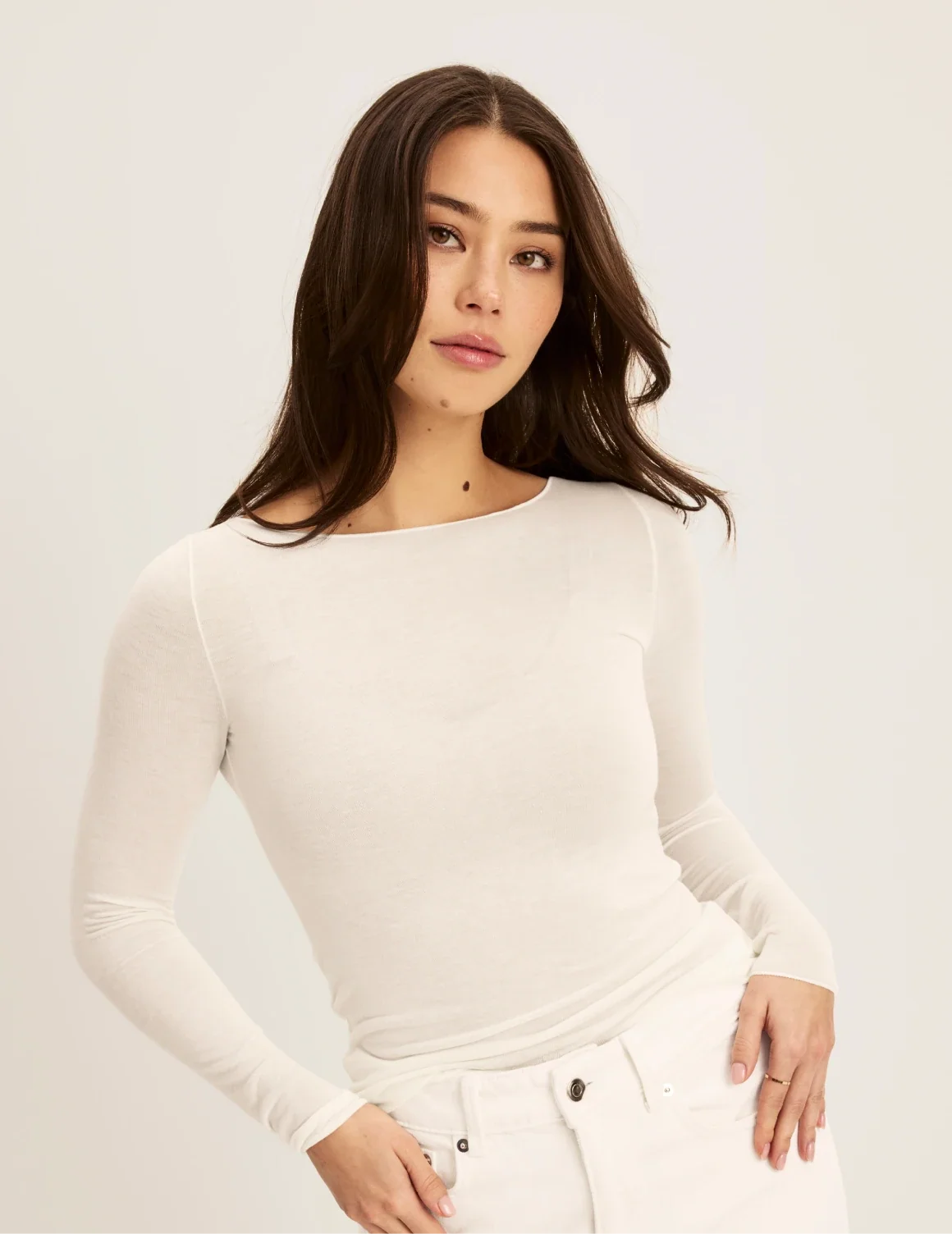 Front view of model wearing the Cashmere Mist Boatneck Top highlighting the neckline and fit – Ivory – view 7 of 17