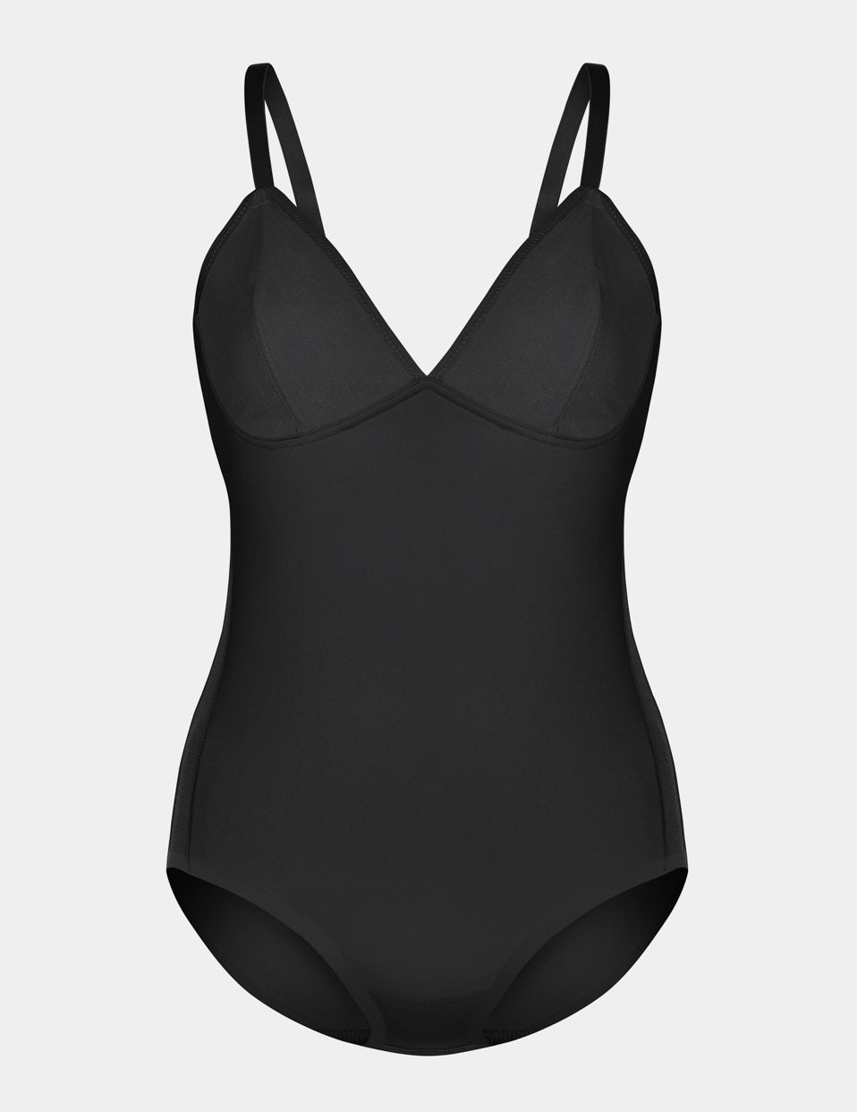 Mesh Deep V Bodysuit shown front-facing against a light gray background – Black – view 4 of 17