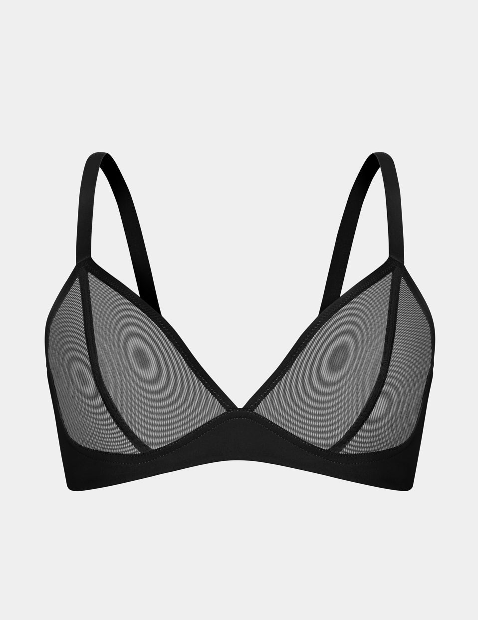 View of Mesh Deep V Bra shown front-facing against a light gray background – Black – view 2 of 42