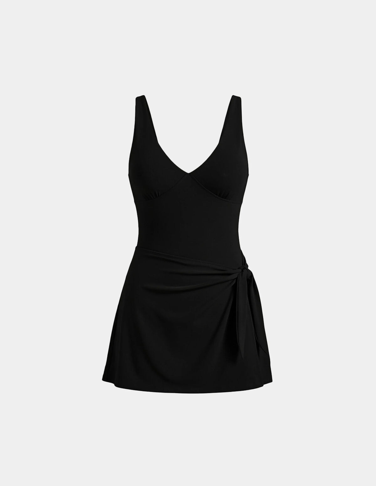 Leakproof Sculpt Deep V Swim Dress shown front-facing against a light gray background – Black – view 2 of 12
