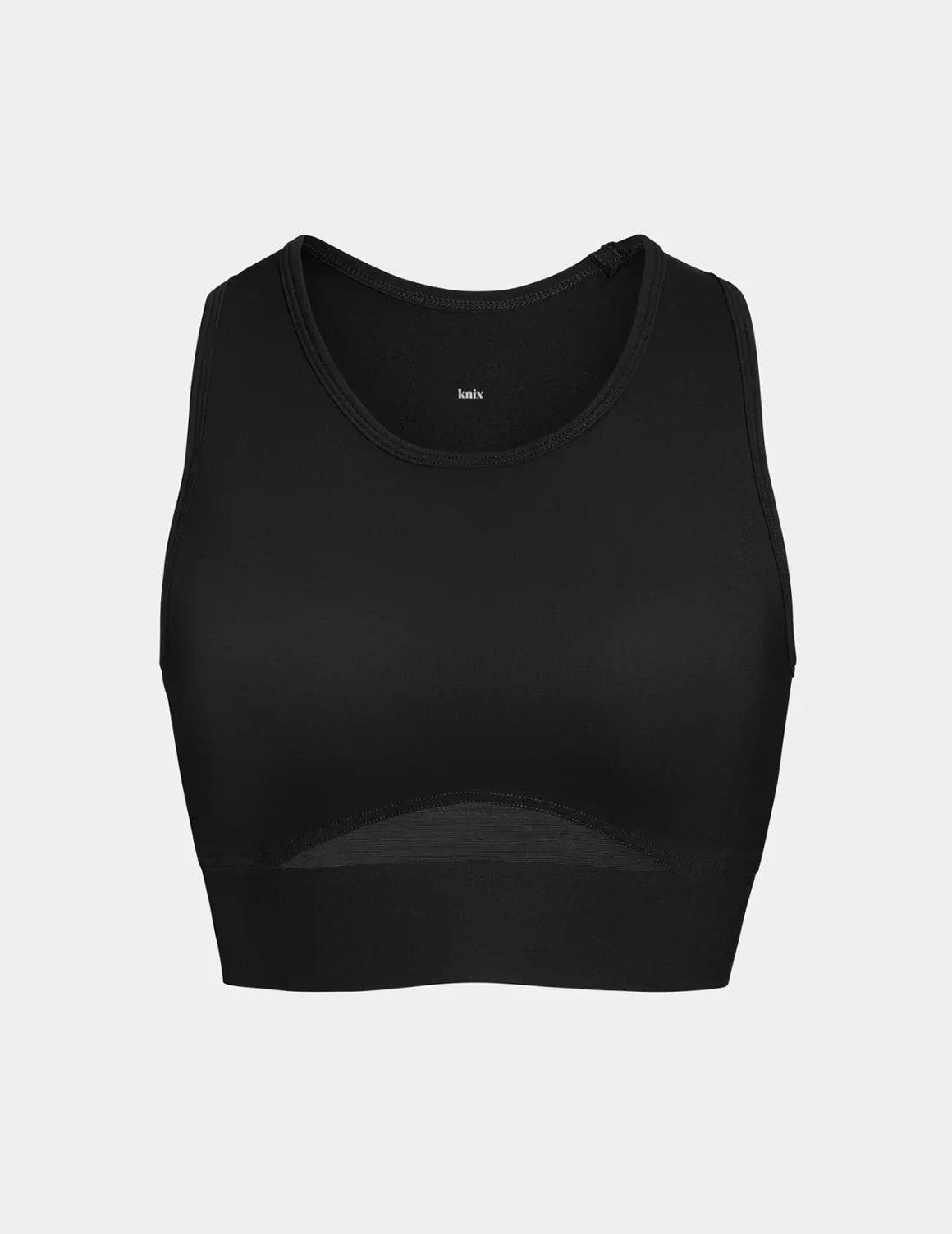 View of Momenta Racerback Sports Bra shown front-facing against a light gray background – Black – view 2 of 21