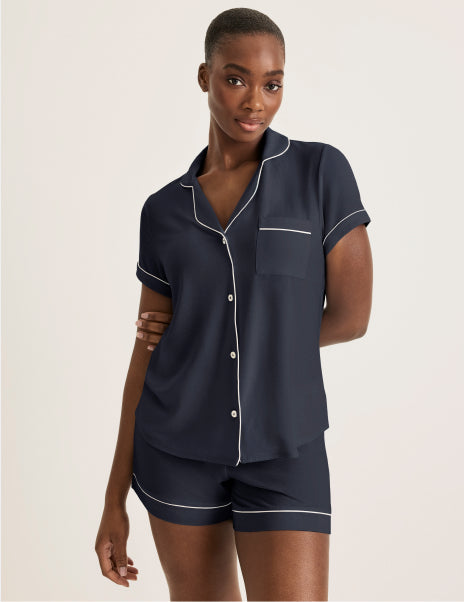 Front view of model wearing the Modal Short Sleeve Sleep Set highlighting the coverage and fit – Twilight Navy/White – view 1 of 27
