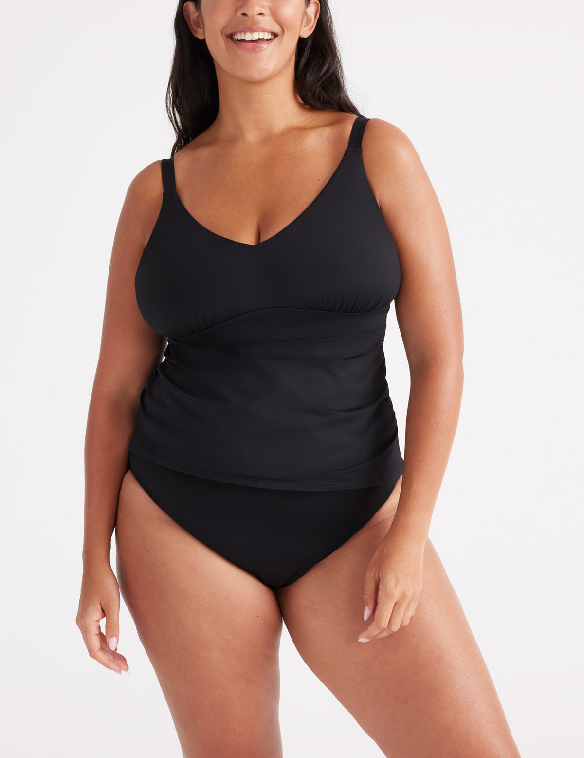 Front view of model wearing the Tankini Top highlighting the coverage and fit – Black – view 1 of 4