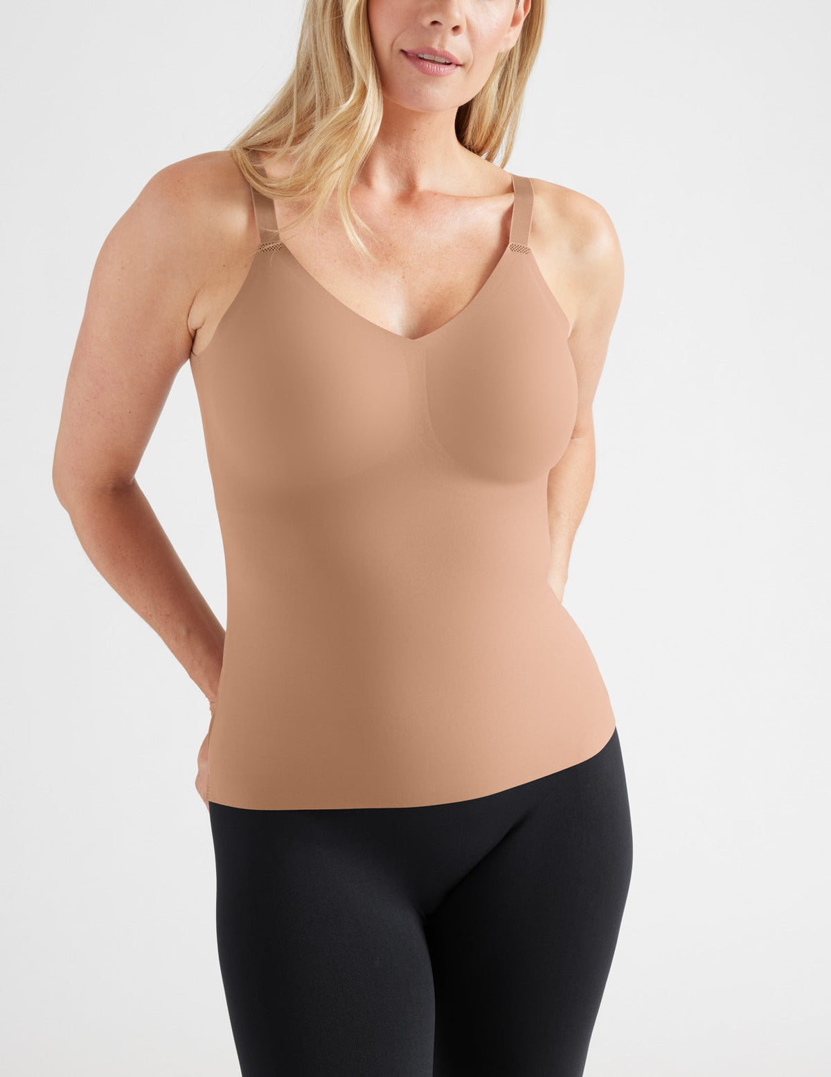 Front view of model wearing the LuxeLift V-Neck Tank, highlighting the neckline, strap design, and silhouette – Cavassa – view 2 of 20