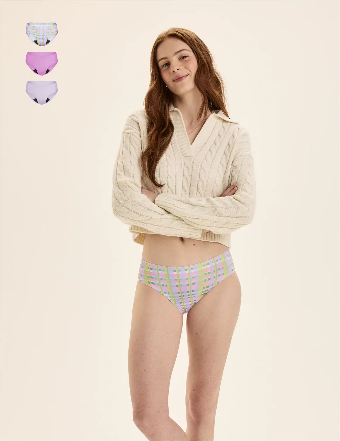 Front view of model wearing the Teen Leakproof UltraThin No-Show Bikini highlighting the coverage and smooth fit – Picnic Plaid/Cosmo/Ultra Violet – view 6 of 70