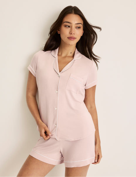 Front view of model wearing the Modal Short Sleeve Sleep Set highlighting the coverage and fit – Hush/White – view 5 of 27