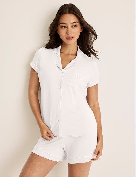 Front view of model wearing the Modal Short Sleeve Sleep Set highlighting the coverage and fit – White – view 10 of 27