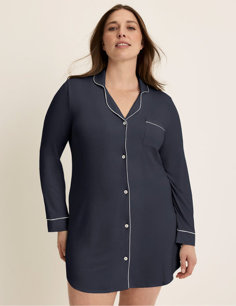 Front view of model wearing the Modal Sleep Dress highlighting the coverage and fit – Twilight Navy/White – view 1 of 20