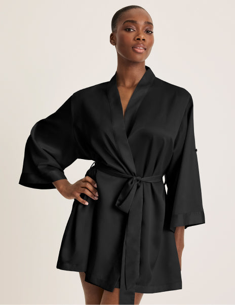 Front view of model wearing the Satin Robe highlighting the coverage and fit – Black – view 1 of 18