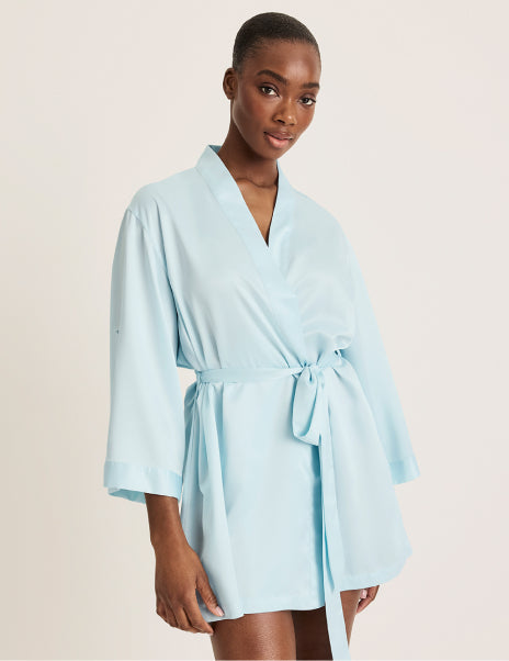Front view of model wearing the Satin Robe highlighting the coverage and fit – Blue Light – view 5 of 18