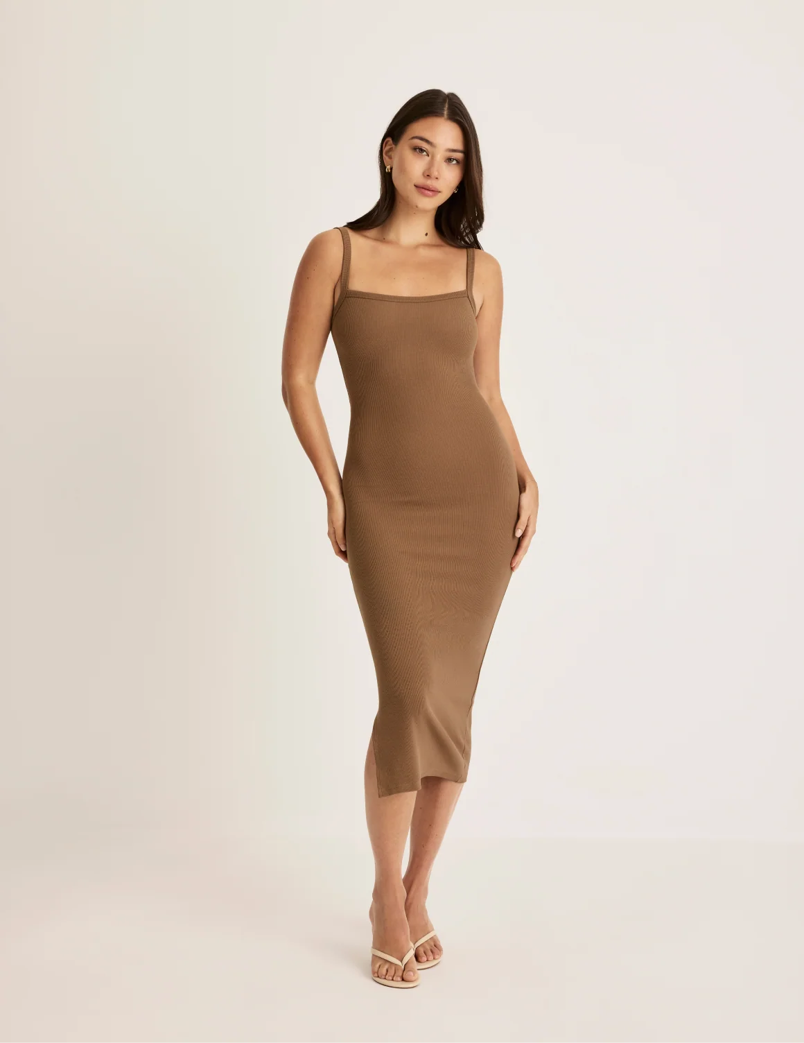 Front view of model wearing the SculptRib™ Cotton Cami Dress highlighting the neckline, fabric and hugging fit – Bark – view 1 of 18