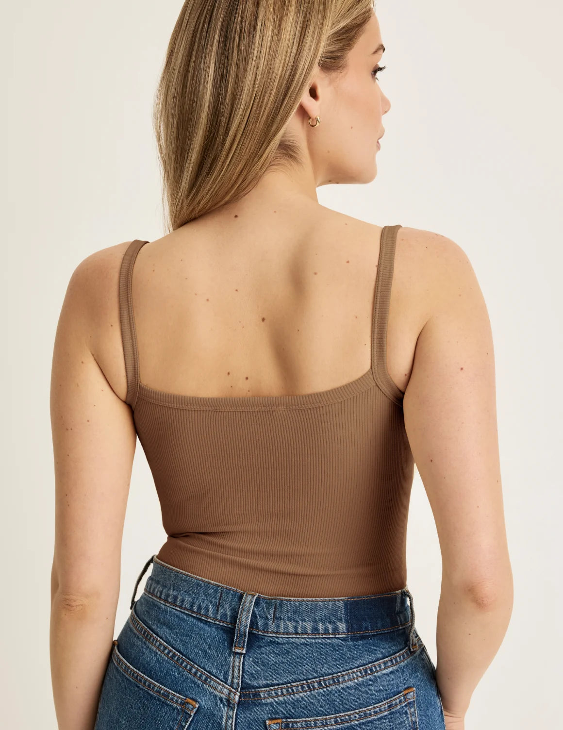 Back view of model wearing the SculptRib™ Cotton Cami highlighting the neckline, fabric and hugging fit – Bark – view 3 of 22