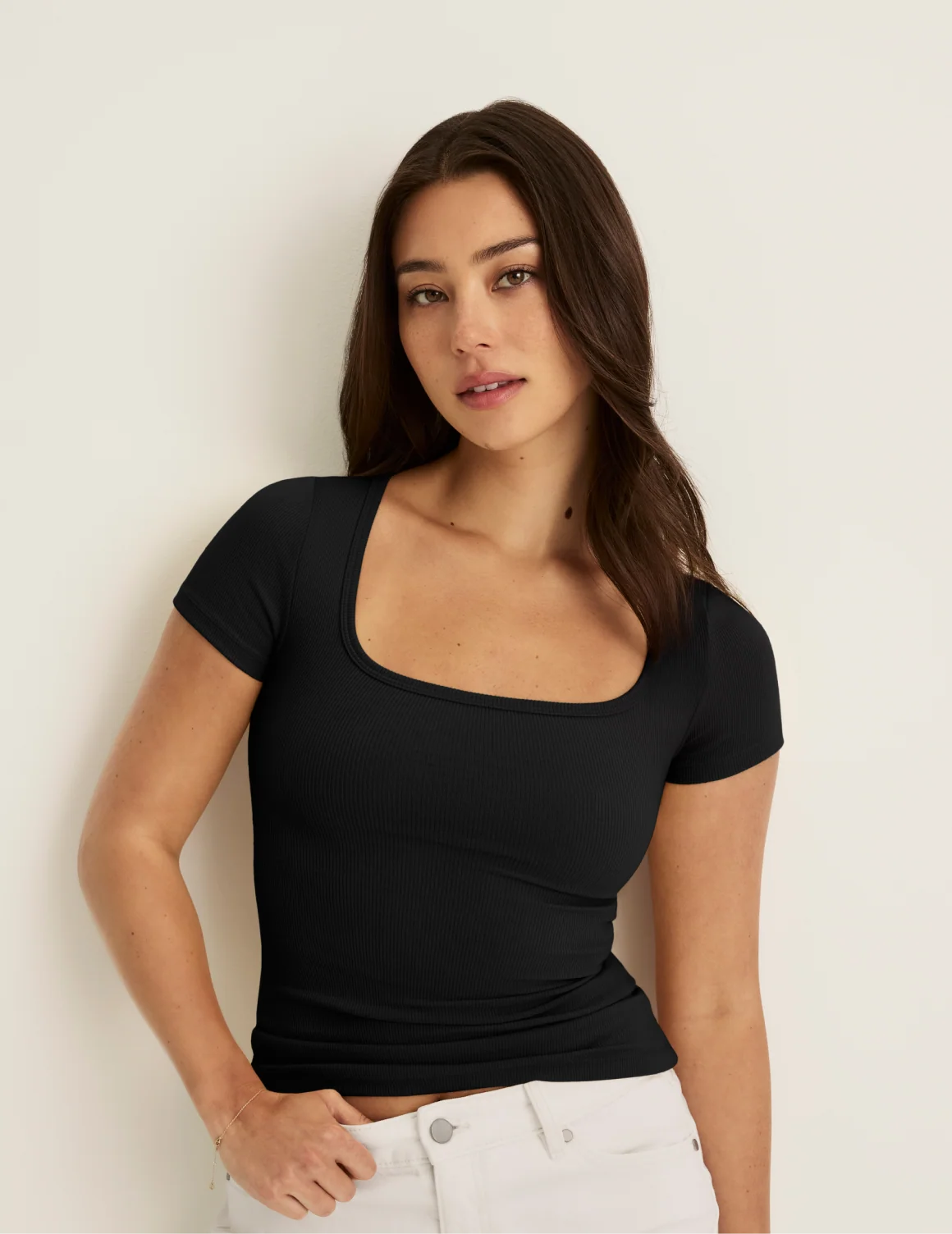 Front view of model wearing the SculptRib™ Cotton Scoop Neck T-Shirt highlighting the neckline, fabric and hugging fit – Black – view 1 of 21