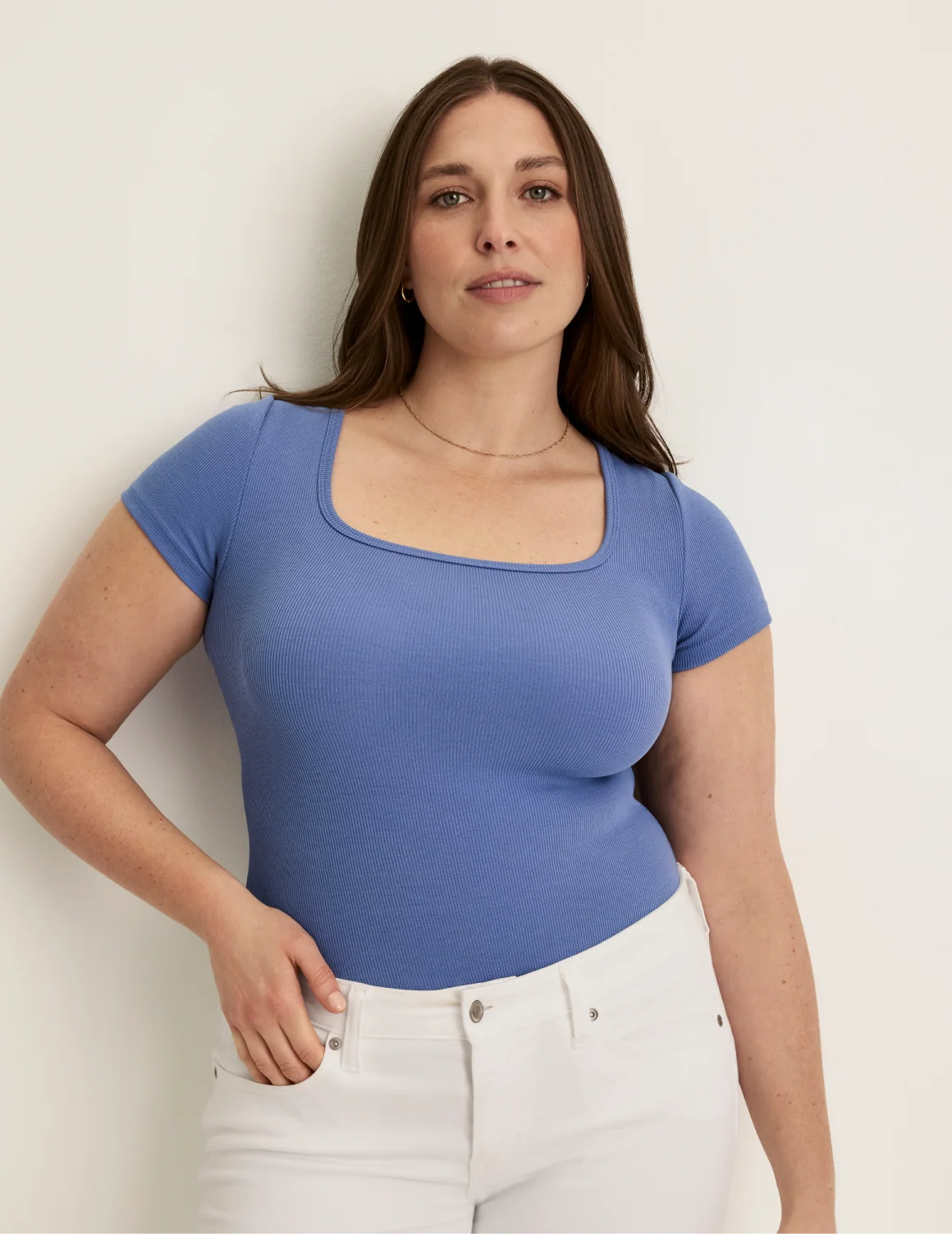 Front view of model wearing the SculptRib™ Cotton Scoop Neck T-Shirt highlighting the neckline, fabric and hugging fit – Periwinkle – view 9 of 21