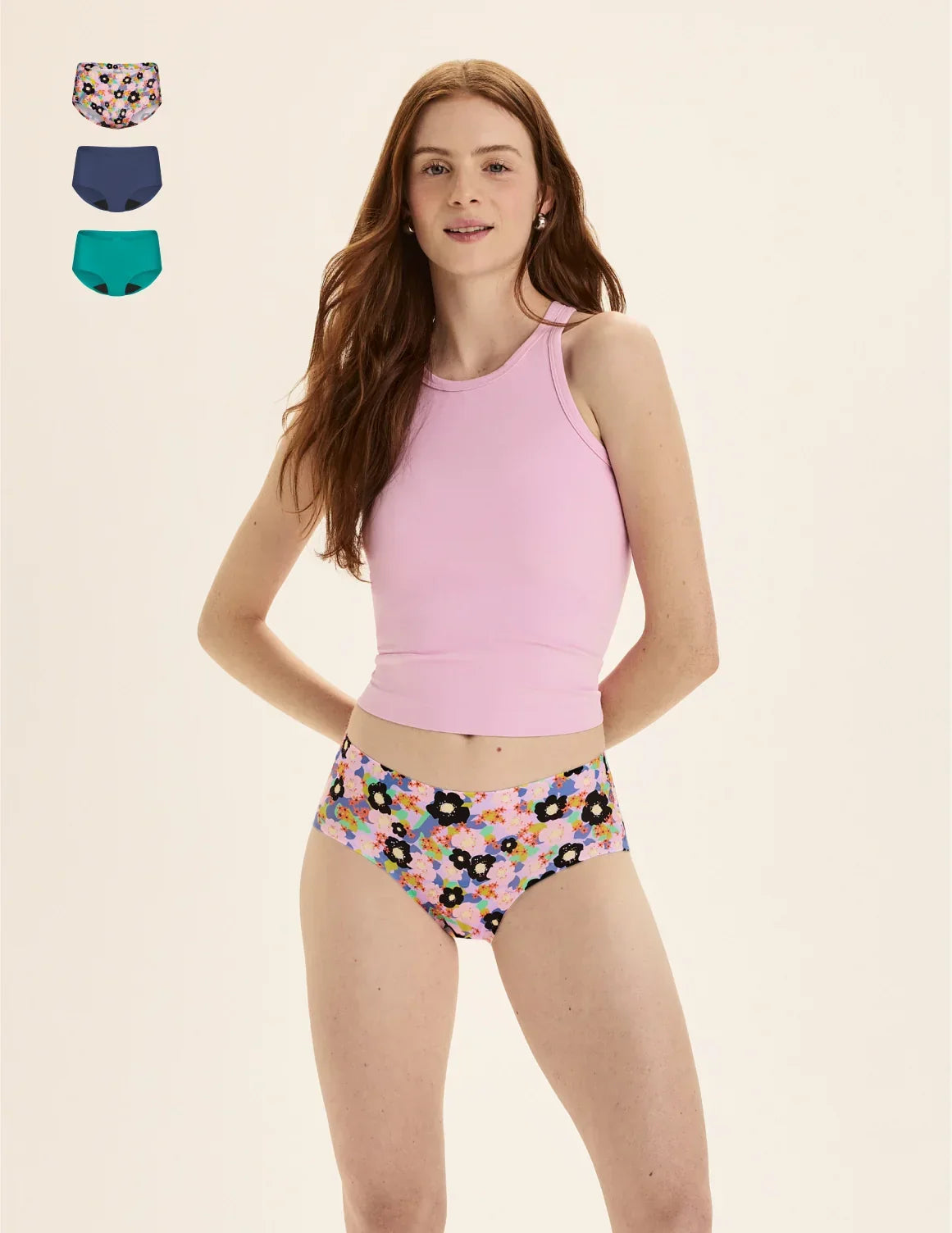 Front view of model wearing the Teen Light Leakproof No-Show Boyshort highlighting the coverage and smooth fit – Electric Orchid/Teal Appeal/Lagoon – view 2 of 79