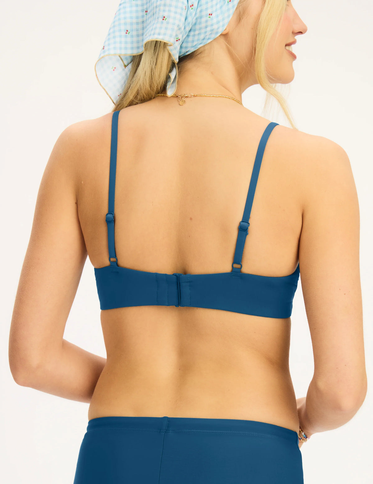 Back view of model wearing the Teen Front Tie Bikini Top highlighting the coverage and fit – Blue Coast – view 3 of 11