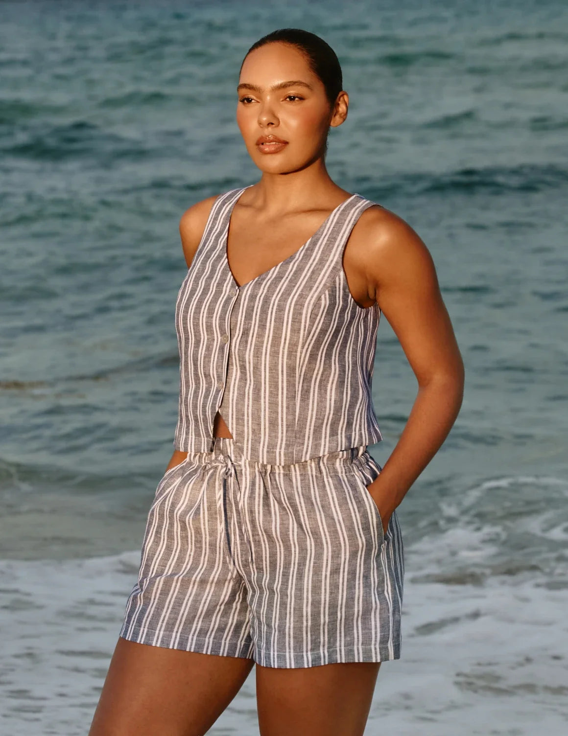 Front view of model wearing the Linen Poolside Short highlighting the coverage and fit – Blue/White Stripe – view 5 of 13