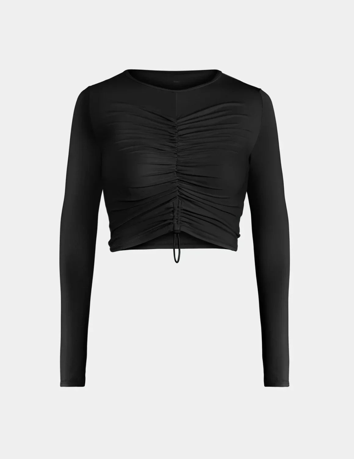 Ruched Long Sleeve Swim Top shown front-facing against a light gray background – Black – view 4 of 18