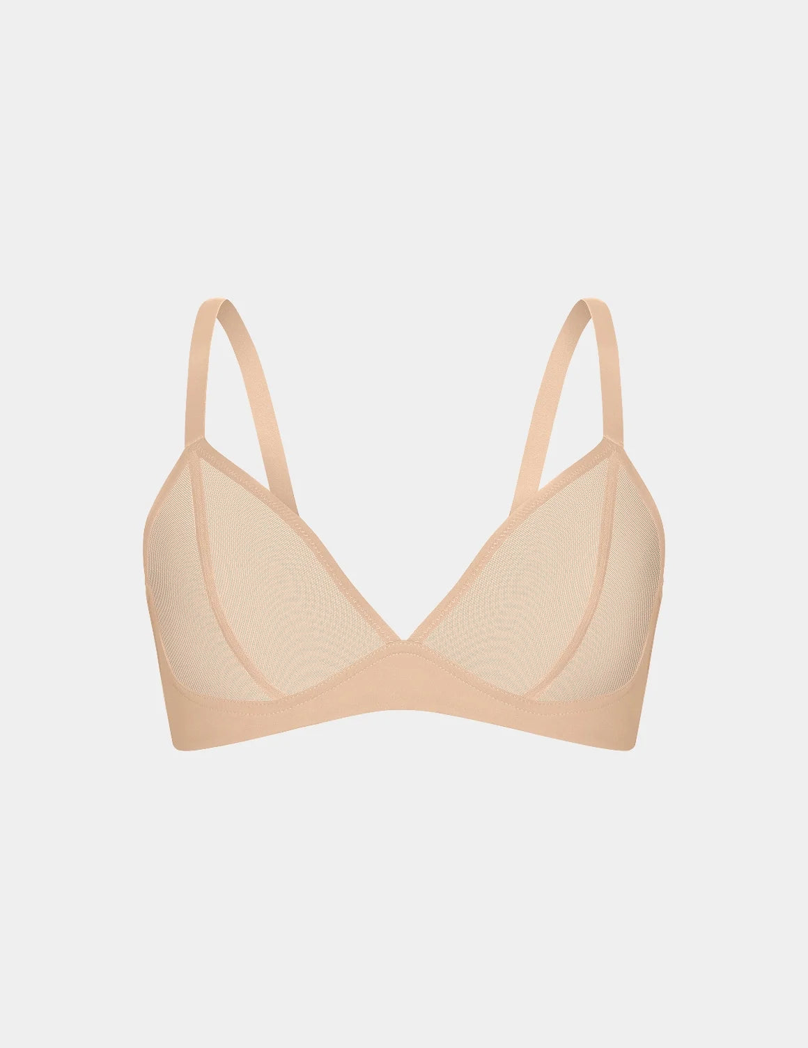 View of Mesh Deep V Bra shown front-facing against a light gray background – Warm Sand – view 10 of 42
