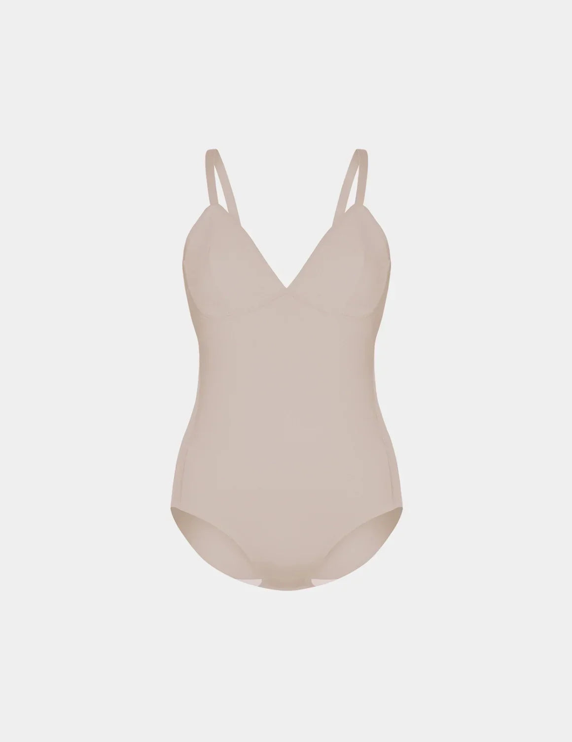 Mesh Deep V Bodysuit shown front-facing against a light gray background – Oyster – view 5 of 17
